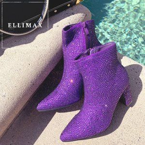 NEW🔥 Purple Jeweled Rhinestone Block Heel Ankle Boot Booties Pointed Toe w/Zip